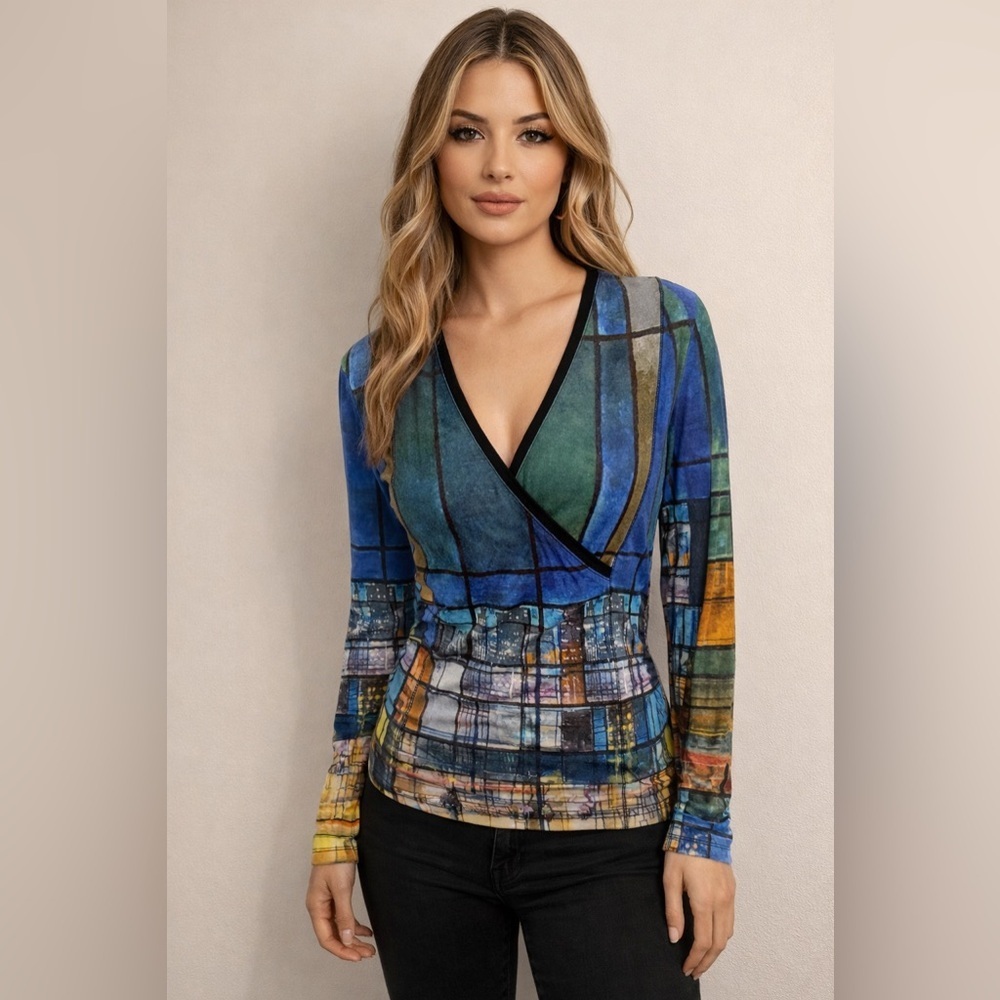 Dolcezza City View Long Sleeve Top V Neck Blue Green Multi Colour Sz S